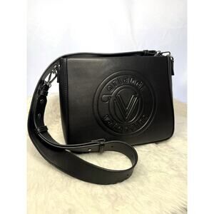 Valentino Orlandi Medium Convertible Logo Messenger Bag Black Detachable Strap